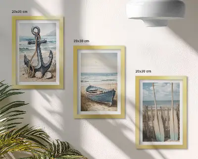Zestaw obrazów dekoracja ścienna z kotwicą, łódką i wiosłami na plaży z widokiem na morze