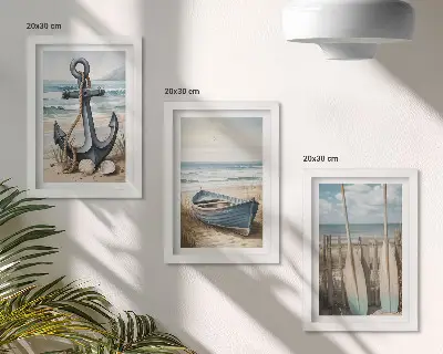 Zestaw obrazów dekoracja ścienna z kotwicą, łódką i wiosłami na plaży z widokiem na morze