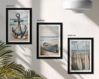 Zestaw obrazów dekoracja ścienna z kotwicą, łódką i wiosłami na plaży z widokiem na morze