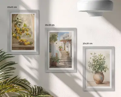 Zestaw 3 obrazów w ramie cytryny w wazonie i rośliny w białej architekturze