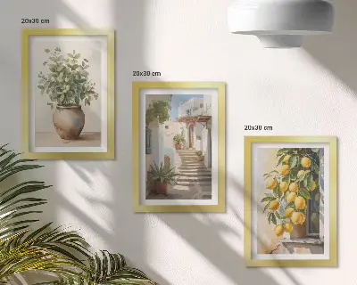 Zestaw 3 obrazów w ramie rośliny w donicach i cytryny na tle uliczki