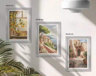Zestaw 3 obrazów w ramie owoce cytrusowe w kuchni z widokiem na morze i urokliwe miasteczko
