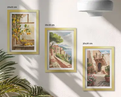 Zestaw 3 obrazów w ramie owoce cytrusowe w kuchni z widokiem na morze i urokliwe miasteczko