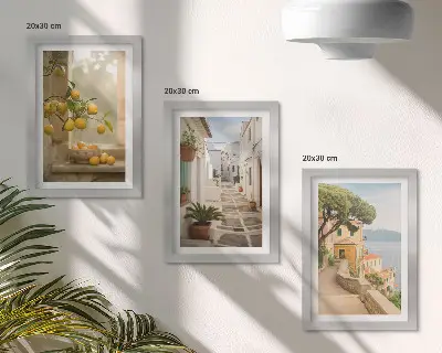 Tryptyk w ramie z widokiem na drzewo cytrusowe i architekturę nadmorską