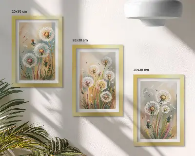 Zestaw obrazów dekoracja ścienna kwiaty dmuchawców na tle pastelowych traw