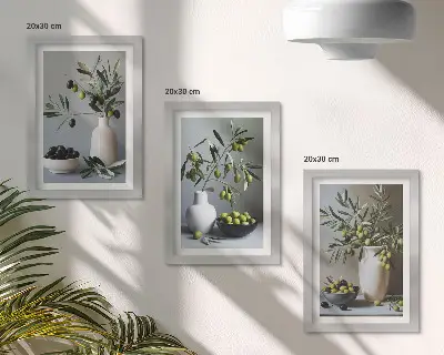 Oliwki w wazonach na tle stonowanych kolorów zestaw 3 obrazów w ramie