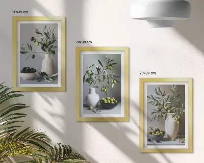 Oliwki w wazonach na tle stonowanych kolorów zestaw 3 obrazów w ramie