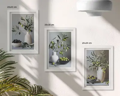 Oliwki w wazonach na tle stonowanych kolorów zestaw 3 obrazów w ramie