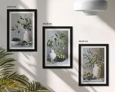 Oliwki w wazonach na tle stonowanych kolorów zestaw 3 obrazów w ramie