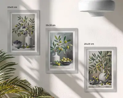 Zestaw obrazów dekoracja ścienna oliwki w ceramicznych naczyniach na tle szarości