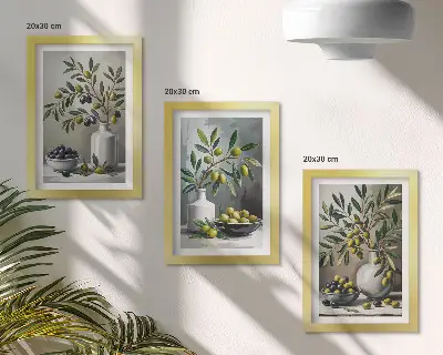 Zestaw obrazów dekoracja ścienna oliwki w ceramicznych naczyniach na tle szarości