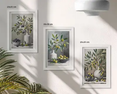 Zestaw obrazów dekoracja ścienna oliwki w ceramicznych naczyniach na tle szarości