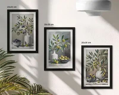 Zestaw obrazów dekoracja ścienna oliwki w ceramicznych naczyniach na tle szarości
