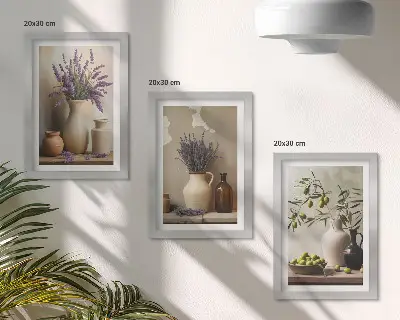 Zestaw 3 obrazów w ramie kwiaty w wazonach z oliwkami oraz naturalne dekoracje