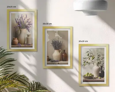 Zestaw 3 obrazów w ramie kwiaty w wazonach z oliwkami oraz naturalne dekoracje