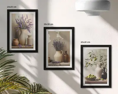 Zestaw 3 obrazów w ramie kwiaty w wazonach z oliwkami oraz naturalne dekoracje