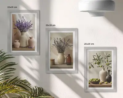 Zestaw obrazów dekoracja ścienna motyw kwiatów lawendy oliwek i naczyń ceramicznych