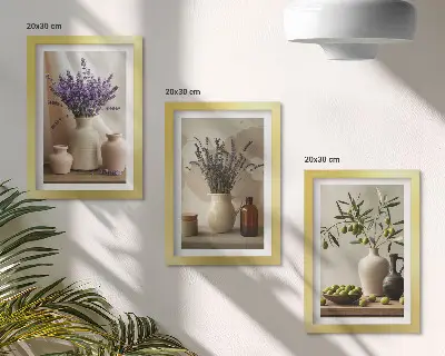 Zestaw obrazów dekoracja ścienna motyw kwiatów lawendy oliwek i naczyń ceramicznych