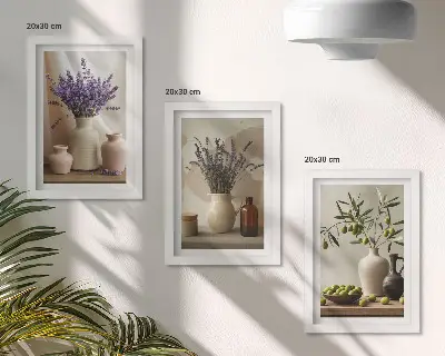 Zestaw obrazów dekoracja ścienna motyw kwiatów lawendy oliwek i naczyń ceramicznych