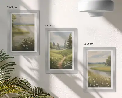 Wiosenny krajobraz z rzeką ścieżką i łąką kwiatów tryptyk w ramie