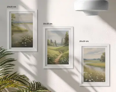 Wiosenny krajobraz z rzeką ścieżką i łąką kwiatów tryptyk w ramie