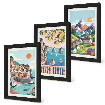 Zestaw 3 obrazów w ramie przedstawiających kolorowe krajobrazy górskie i nadmorskie miasta