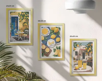 Zestaw 3 obrazów w ramie z motywem lemoniady, włoskich widoków i słonecznego patio