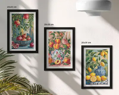 Zestaw 3 obrazów w ramie owocowe kompozycje z granatami cytrynami i brzoskwiniami