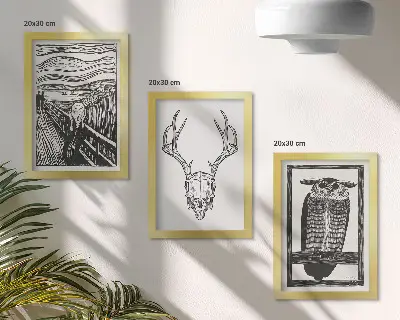 Tryptyk w ramie z grafiką przedstawiającą czaszkę i sowę inspirowaną obrazem Krzyk