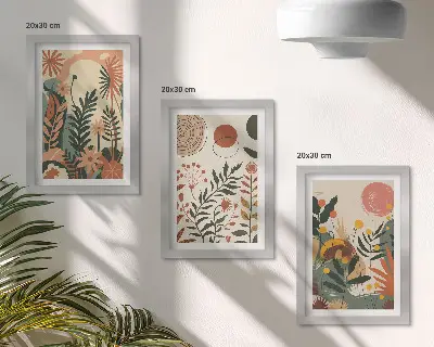 Zestaw 3 obrazów w ramie z roślinnymi wzorami vintage w pastelowych odcieniach