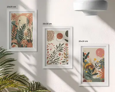 Zestaw 3 obrazów w ramie z roślinnymi wzorami vintage w pastelowych odcieniach
