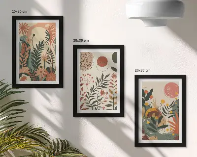 Zestaw 3 obrazów w ramie z roślinnymi wzorami vintage w pastelowych odcieniach