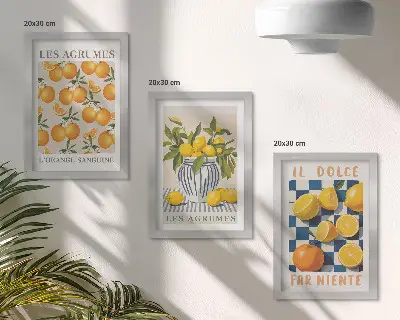 Tryptyk w ramie Owoce cytrusowe w stylu retro z żółtymi akcentami