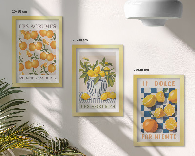 Tryptyk w ramie Owoce cytrusowe w stylu retro z żółtymi akcentami