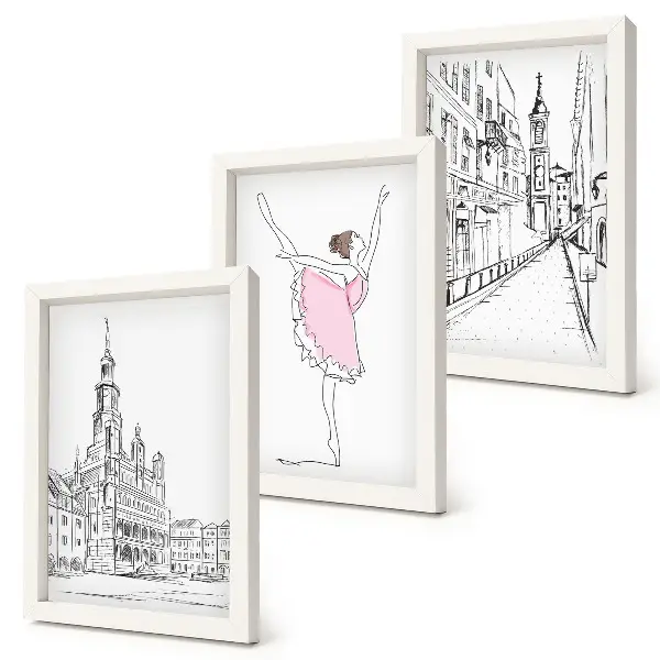 Zestaw 3 obrazów w ramie Stylowe obrazy z tańczącą baletnicą i architekturą