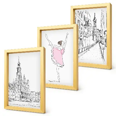 Zestaw 3 obrazów w ramie Stylowe obrazy z tańczącą baletnicą i architekturą