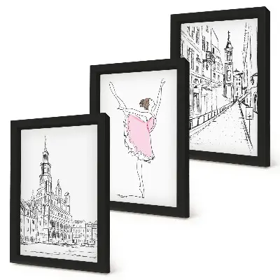 Zestaw 3 obrazów w ramie Stylowe obrazy z tańczącą baletnicą i architekturą