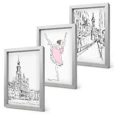 Zestaw 3 obrazów w ramie Stylowe obrazy z tańczącą baletnicą i architekturą
