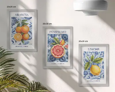Tryptyk z ilustracjami cytrusów owocowe grafiki w stylu vintage w ramie