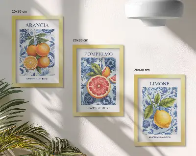 Tryptyk z ilustracjami cytrusów owocowe grafiki w stylu vintage w ramie