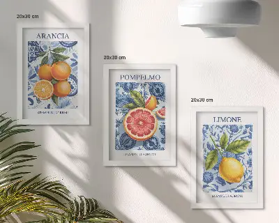 Tryptyk z ilustracjami cytrusów owocowe grafiki w stylu vintage w ramie