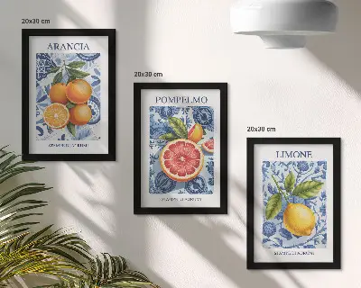 Tryptyk z ilustracjami cytrusów owocowe grafiki w stylu vintage w ramie