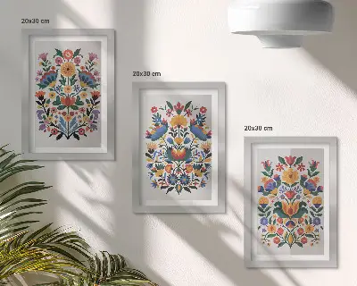 Zestaw 3 obrazów w ramie kwiatowe wzory w intensywnych kolorach na białym tle