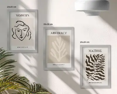 Zestaw 3 obrazów w ramie Twarz i liście ilustracje w stylu Henri Matisse'a