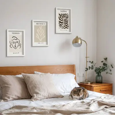 Zestaw 3 obrazów w ramie Twarz i liście ilustracje w stylu Henri Matisse'a
