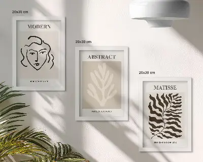 Zestaw 3 obrazów w ramie Twarz i liście ilustracje w stylu Henri Matisse'a