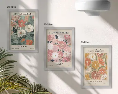 Tryptyk w ramie Kwiatowe wzory Londyn Tokio i Amsterdam zestaw trzech plakatów w ramie
