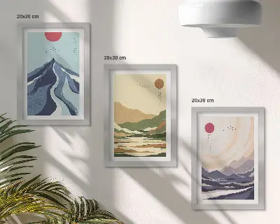 Zestaw 3 obrazów w ramie góry w pastelowych kolorach w stylu japandi