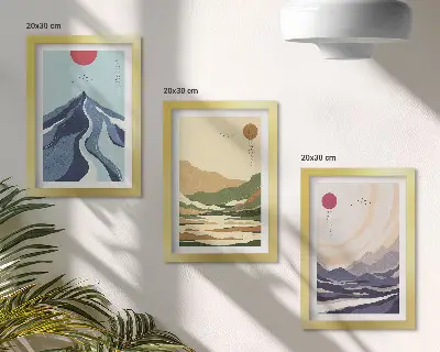 Zestaw 3 obrazów w ramie góry w pastelowych kolorach w stylu japandi