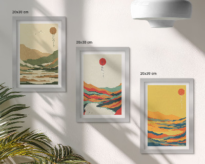 Zestaw 3 obrazów w ramie Kolorowe wzory gór i rzek styl japandi